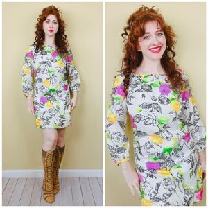 1960s Vintage Cream Acetate Pink Floral Dress Gogo Mod Shift Flower Medium